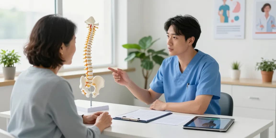 Bel kayması ameliyatı consultation with surgeon discussing treatment options, anatomical spine model on desk, bright clinic.