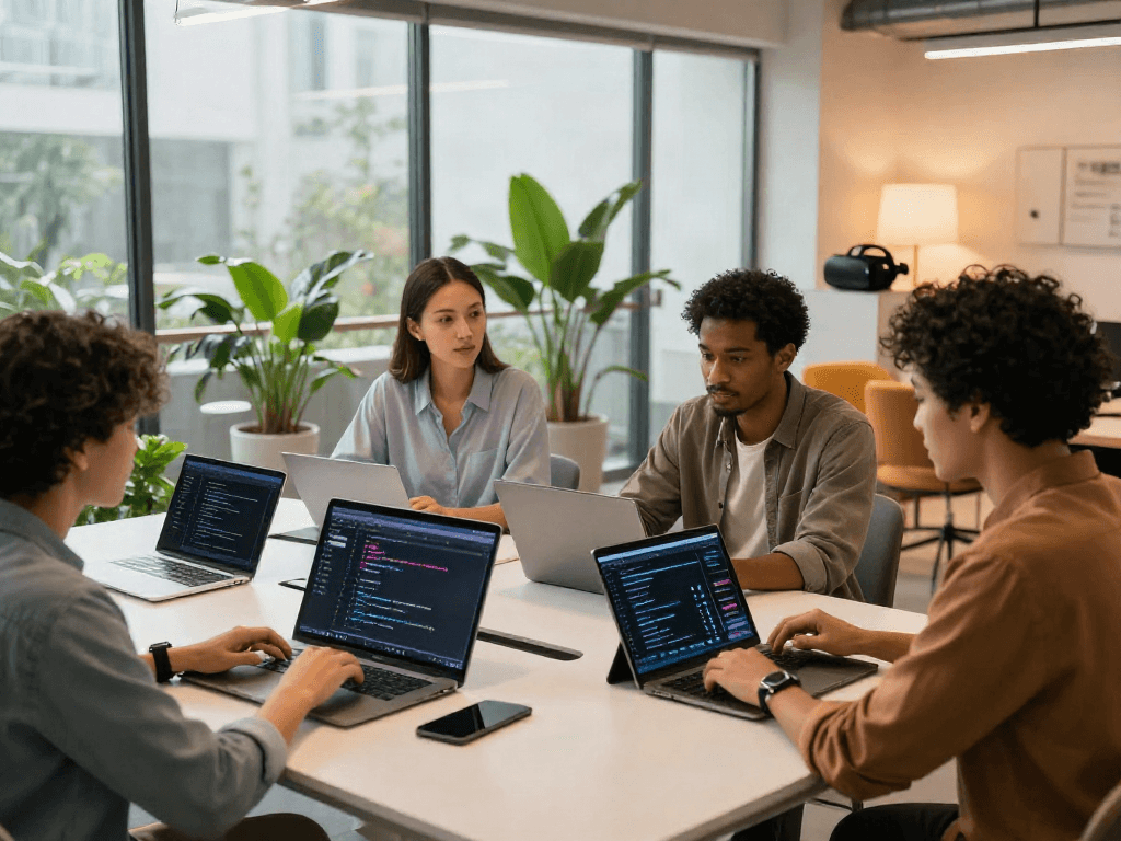 Group of professionals discussing nsfw ai chat tech in modern office setting.