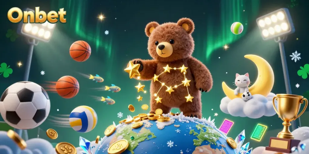 Experience exciting sports betting with Onbet's vibrant 3D scene of a constellation bear and sports themes.