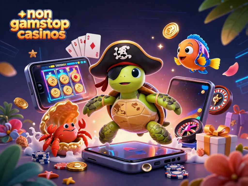 Engage with non gamstop casinos featuring a vibrant 3D scene of a pirate turtle and treasure elements.