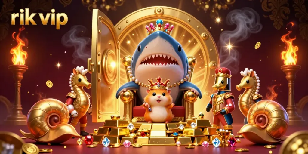 Rich casino-themed illustration featuring the regal "rik vip" hamster king with treasure and gaming elements.