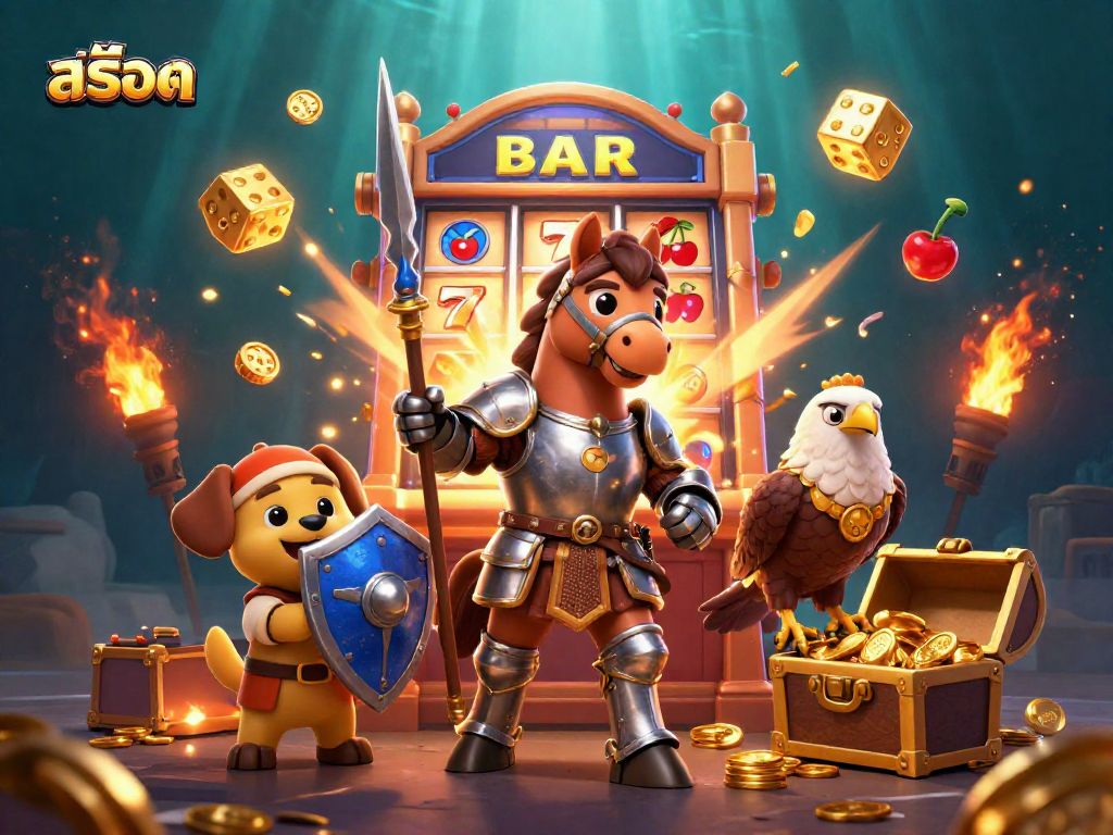 Experience exciting สล็อต slot features with a knight, puppy, and falcon in a vibrant casino scene.