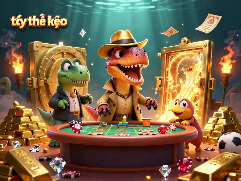 Engage with tỷ lệ kèo at the sports betting table with cartoon dinosaurs in a vibrant casino scene.