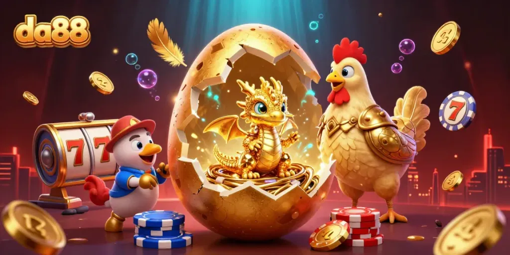 Experience the magic of da88 as a golden dragon emerges from a nest of poker chips, surrounded by vibrant casino elements.