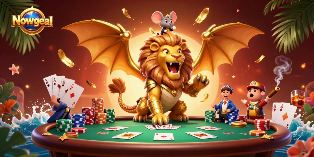 Bet on Nowgoal with a thrilling illustration showcasing an epic chimera and poker elements.