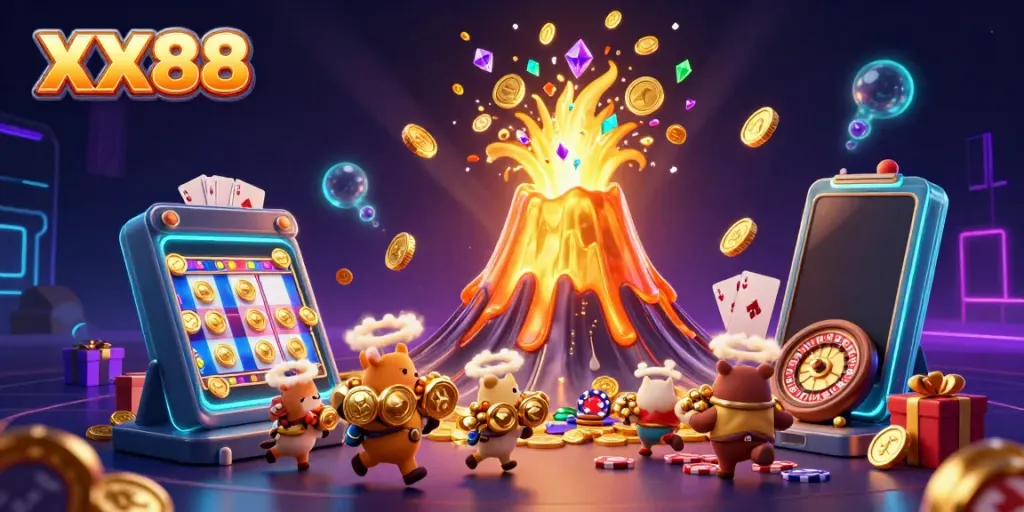 Engage with XX88's vibrant casino world, featuring a joyful golden volcano spewing coins while explorer animals scurry for treasure.