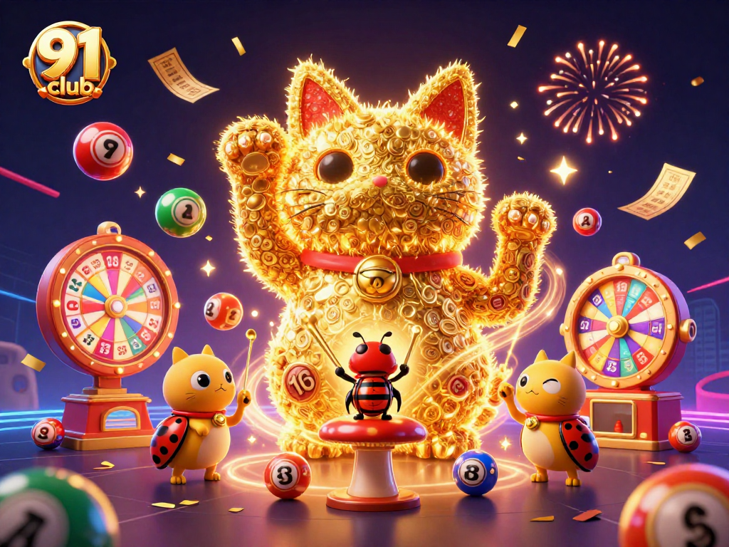 Experience the excitement of 91 club as golden fireflies create a lucky cat among vibrant casino symbols.