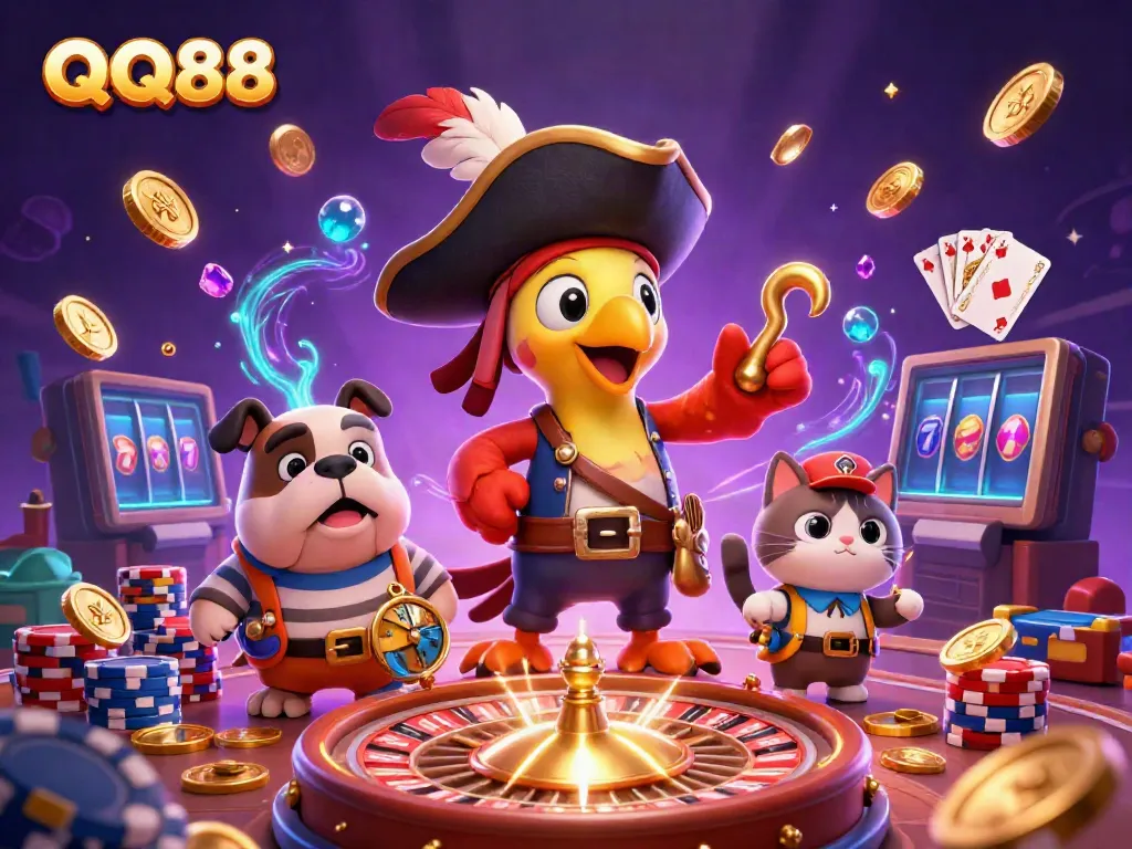 Experience the excitement of QQ88 with thrilling casino elements in this colorful pirate-themed illustration.