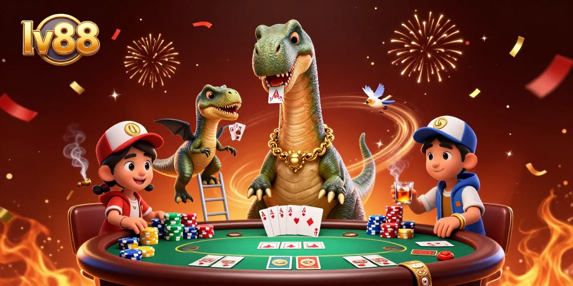 Engage in thrilling action at lv88 with a giant dinosaur dealer and vibrant poker scene.