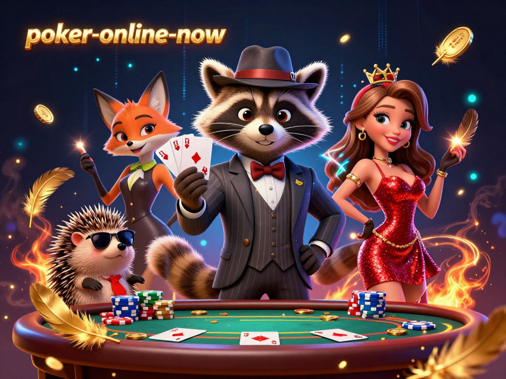 Engage in thrilling poker with poker-online-now, showcasing a raccoon in a royal flush hand at the vibrant table.