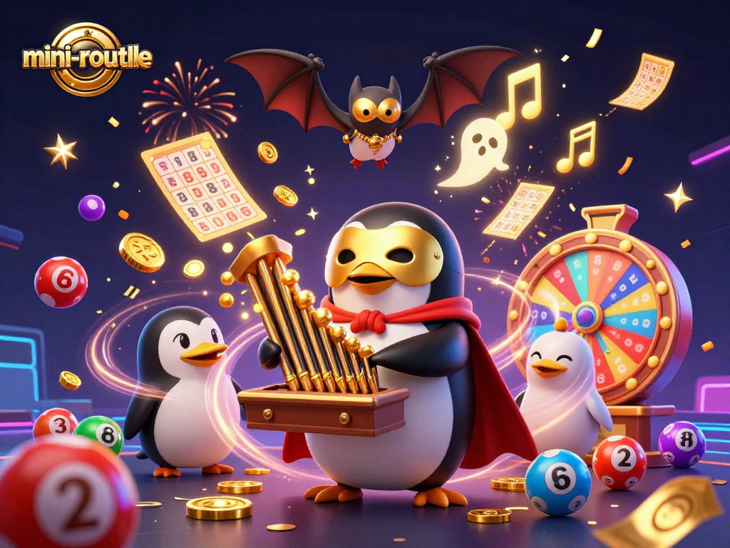 Experience the thrill of mini-roulette with colorful elements and unique characters in this dynamic casino scene.