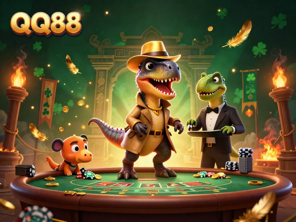 Experience thrilling blackjack action with QQ88 featuring a velociraptor card counter in a lively casino scene.
