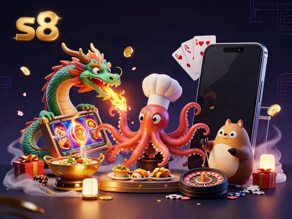 Experience the excitement of S8 gaming with an octopus chef, dragon, and tanuki in a vibrant casino scene.