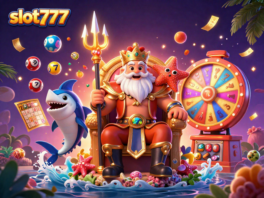 Experience thrilling gaming action with slot777 as Neptune reigns over a vibrant casino scene filled with jackpots.