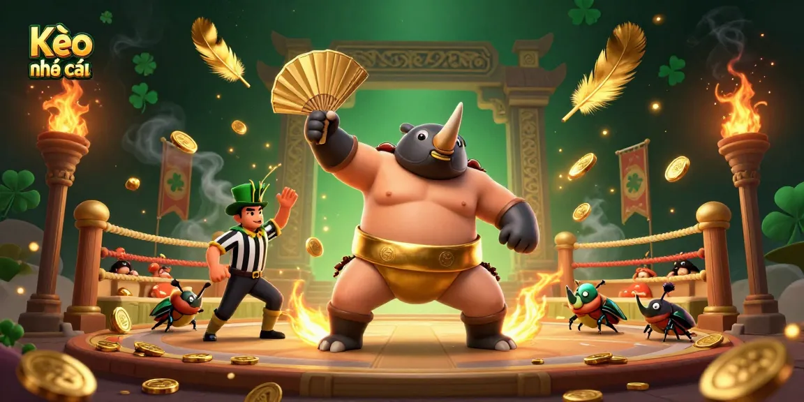 Kèo nhà cái scene featuring a beetle sports champion, referee, and spectators amidst golden coins.