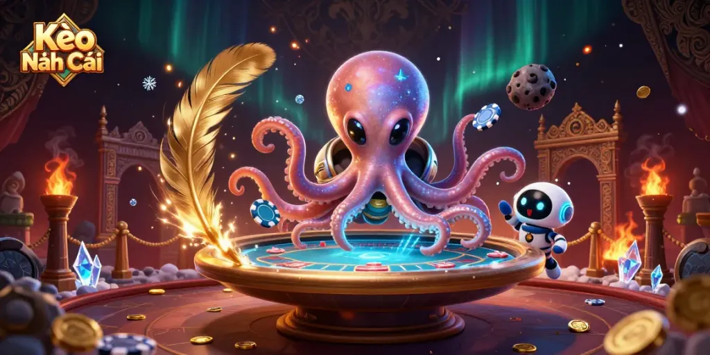 Deal exciting poker hands with Kèo Nhà Cái at a floating alien casino table, captivating cosmic setting.