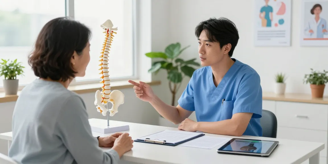 Bel kayması ameliyatı consultation with surgeon discussing treatment options, anatomical spine model on desk, bright clinic.