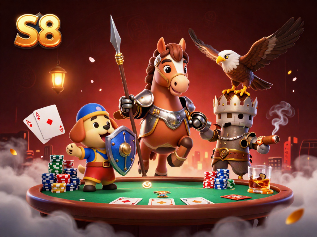 Experience S8 gaming excitement with a knight, puppy, and falcon at the poker table.