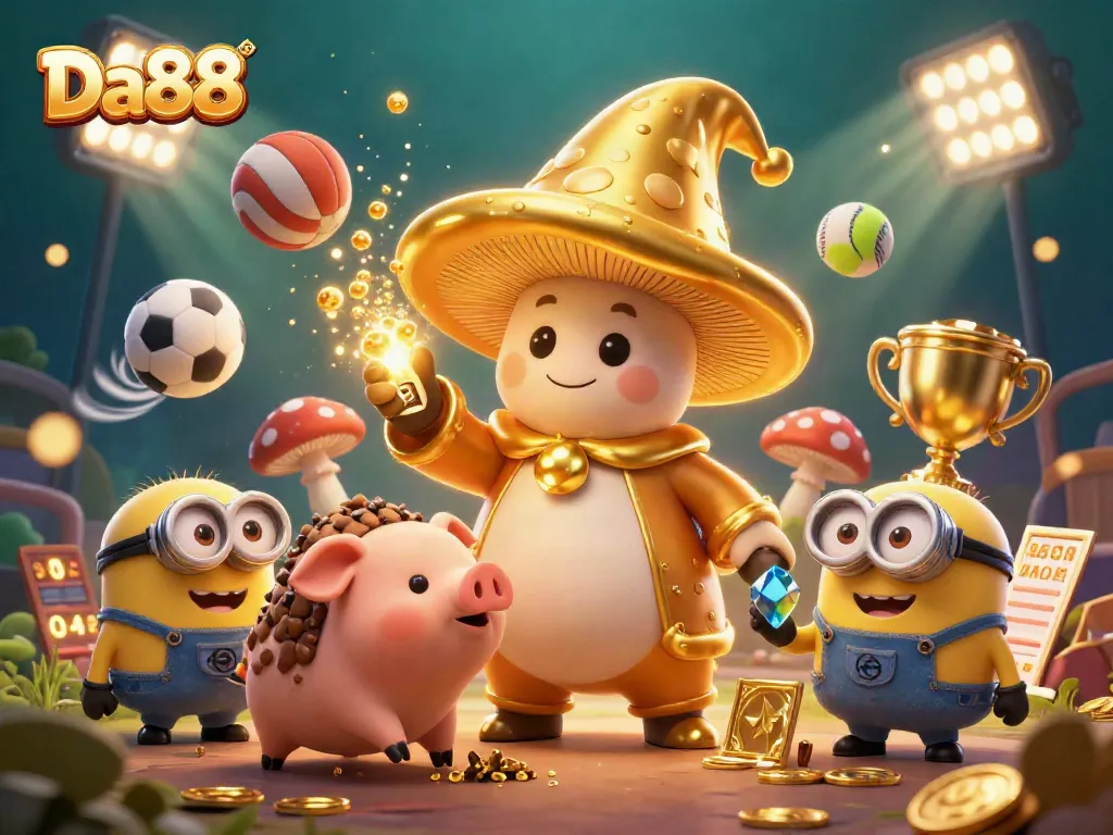 Engage with Da88 through an enchanting 3D illustration showcasing a golden wizard and treasure-hunting elements.