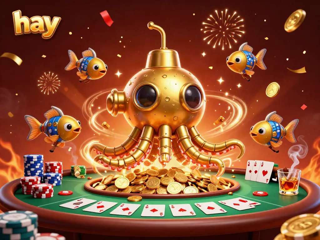 Engage in high-stakes poker action with hay-inspired golden kraken submarine amidst lavish casino elements.
