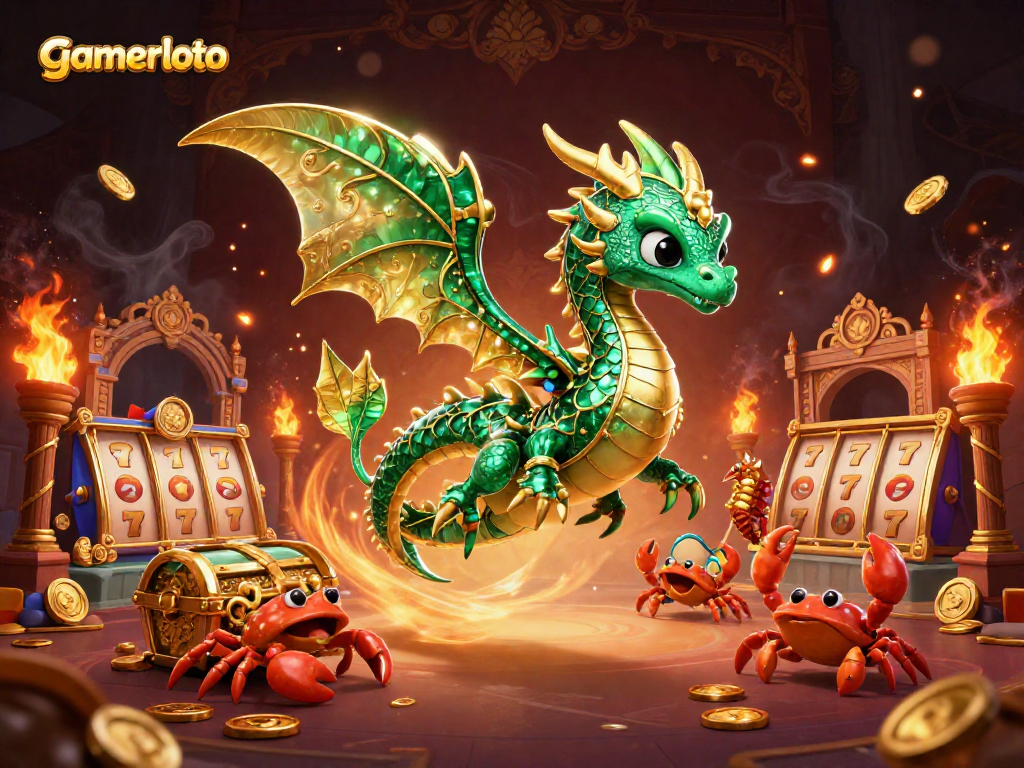 Engage with gamerloto's immersive slot experience featuring a dragon and treasure