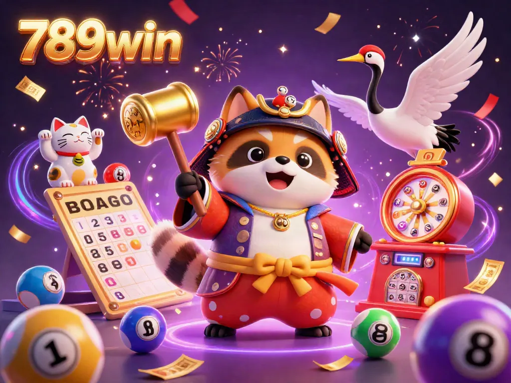 Enjoy the festive 789win celebration with colorful lottery balls, fortune cats, and magical energy!
