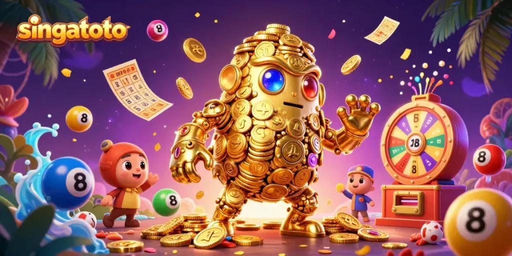 Join in the action and excitement at singatoto with animated lottery balls and golden golem elements.