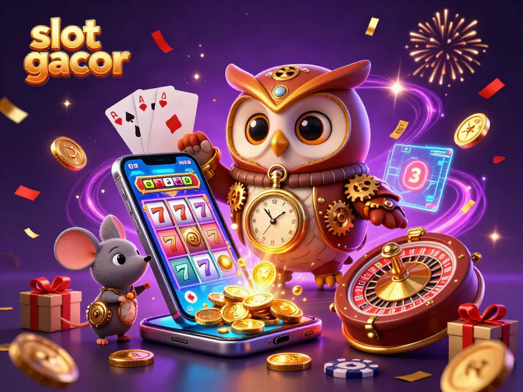 Play exciting slot gacor games with colorful visuals and vibrant casino elements in this magical scene.