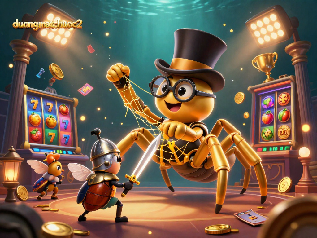 Engage in duongmatchuoc2 as a golden tarantula weaves luck-filled slots under casino pillars.