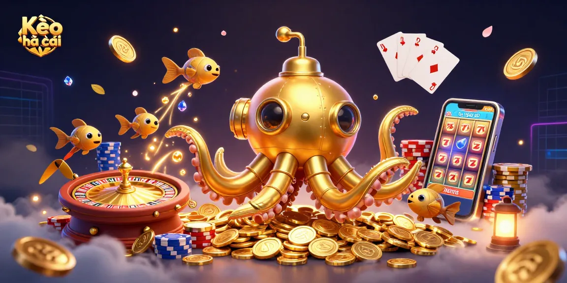 Kèo nhà cái reveals a vibrant scene with a golden kraken and mechanical fish amidst casino riches.