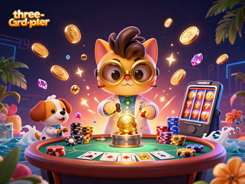 Engage with three-card-poker excitement in a vibrant 3D casino atmosphere filled with golden coins and chips.
