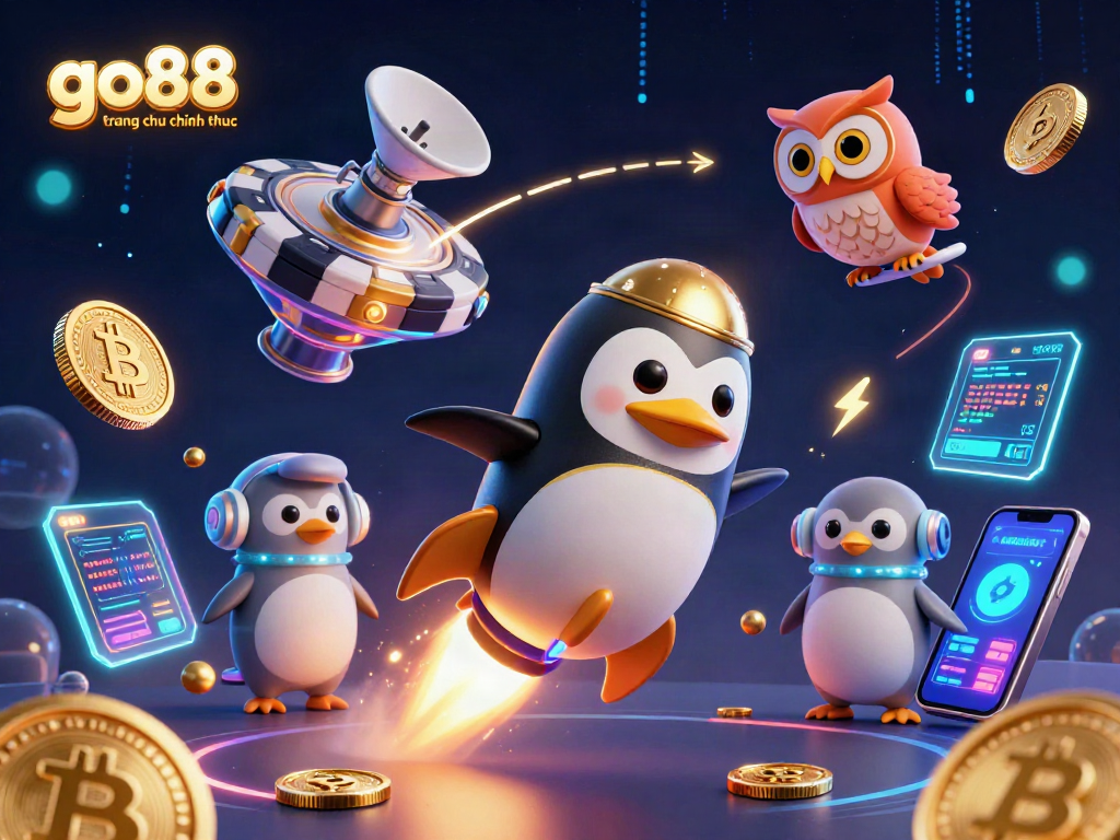 Engage with go88 trang chu chinh thuc in this vibrant casino-themed illustration featuring a rocket-powered penguin amidst gold coins.