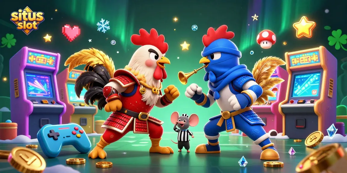 Menangkan jackpot di situs slot dengan roosters bertarung dan mesin slot berwarna-warni dalam ilustrasi 3D