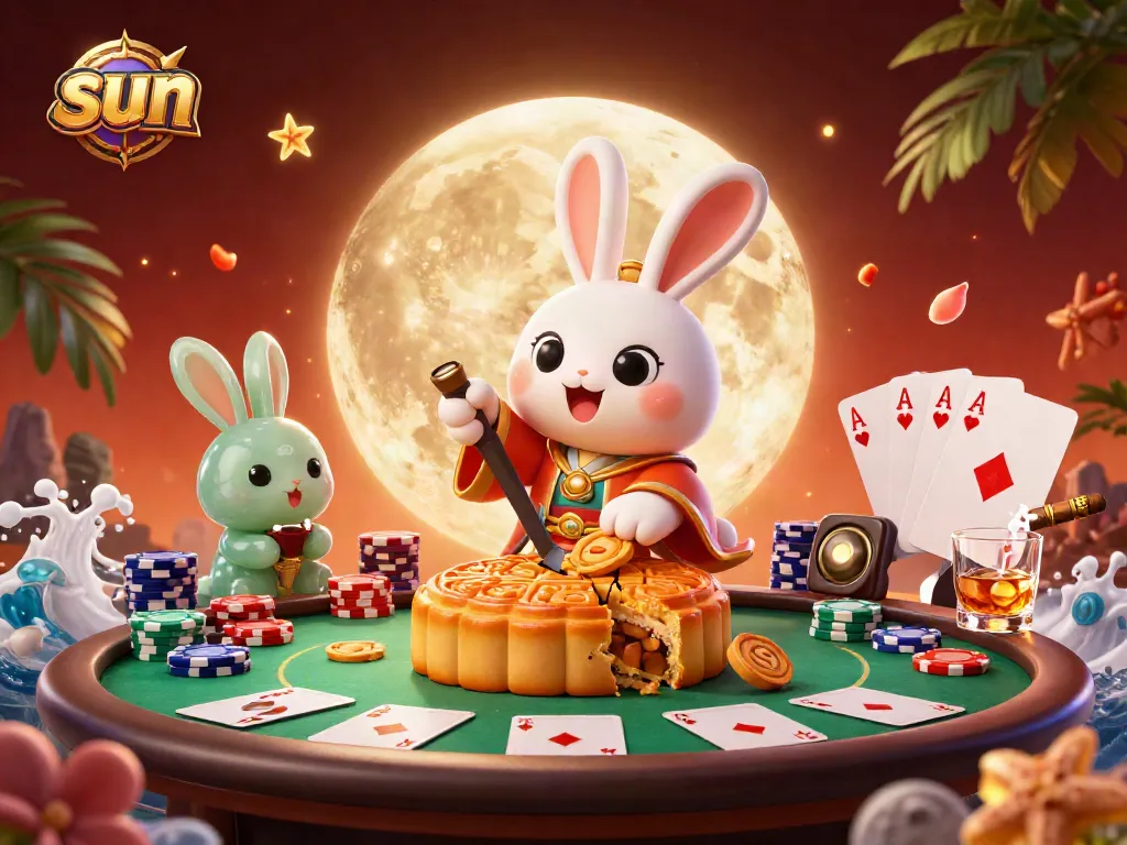 Bet on sun-themed slots with colorful poker chips and golden mooncakes in this vibrant casino scene.