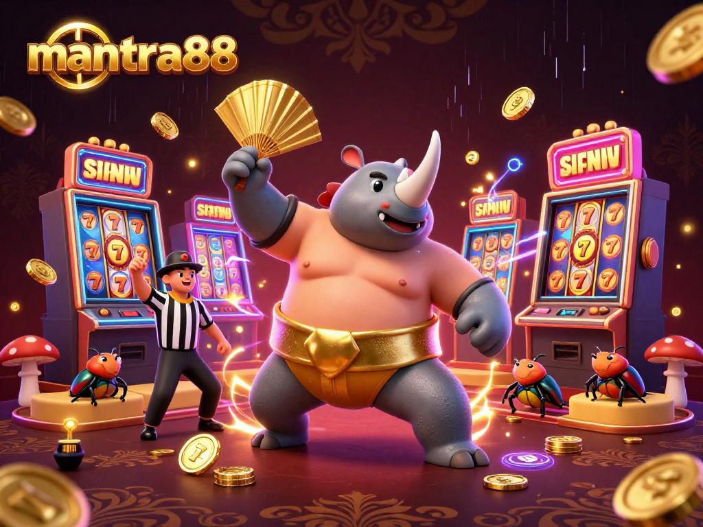 Experience thrilling wins and excitement with mantra88, featuring a beetle champion amidst a vivid casino scene.