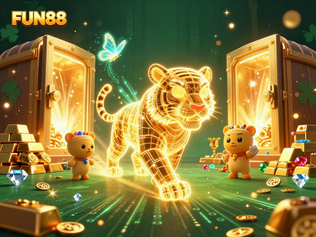 Experience FUN88's vibrant casino atmosphere with a golden tiger and dazzling treasures.