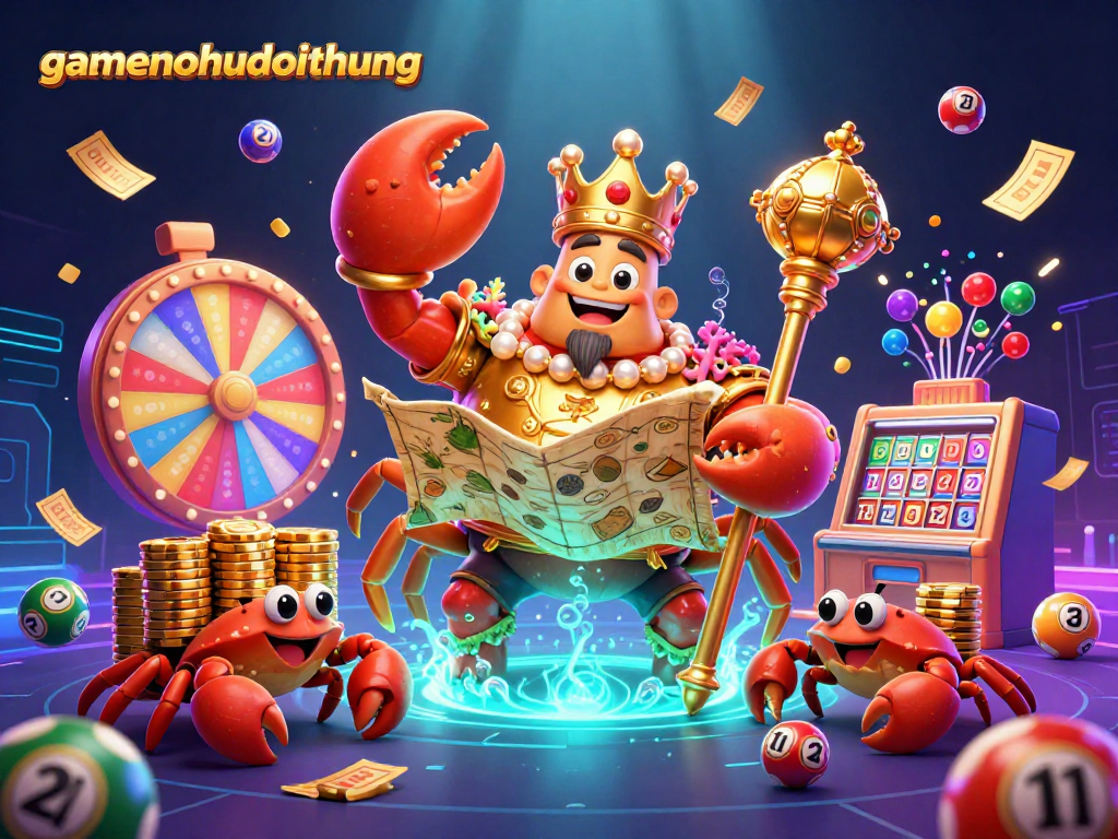 Experience the thrill of gamenohudoithuong with vibrant lottery elements and a majestic crab emperor.