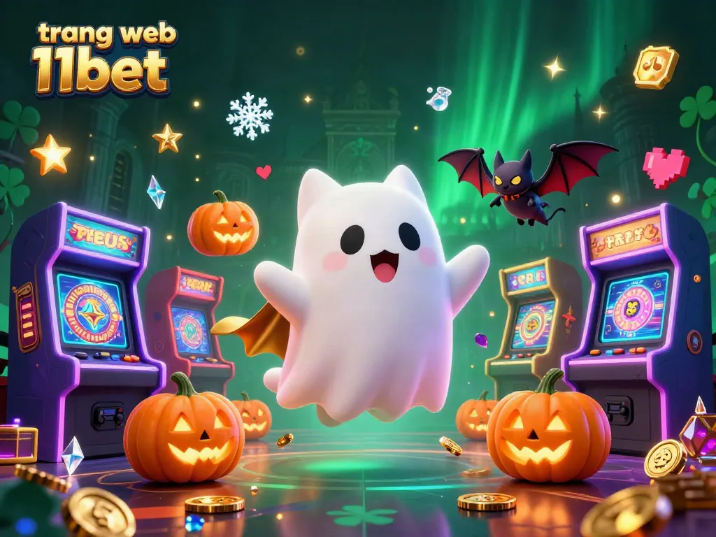 Bet with confidence on trang web 11bet featuring a friendly ghost cat and a vampire bat in a haunted casino.