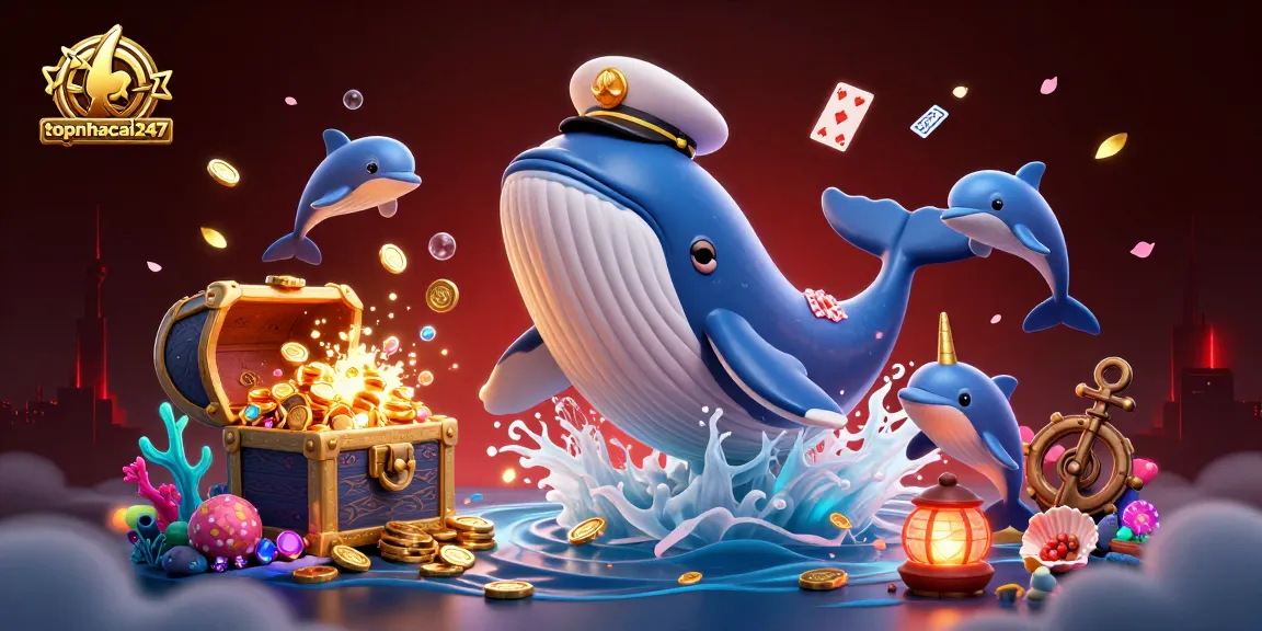 Experience fun at topnhacai247 with an engaging 3D casino-themed whale and playful dolphins.