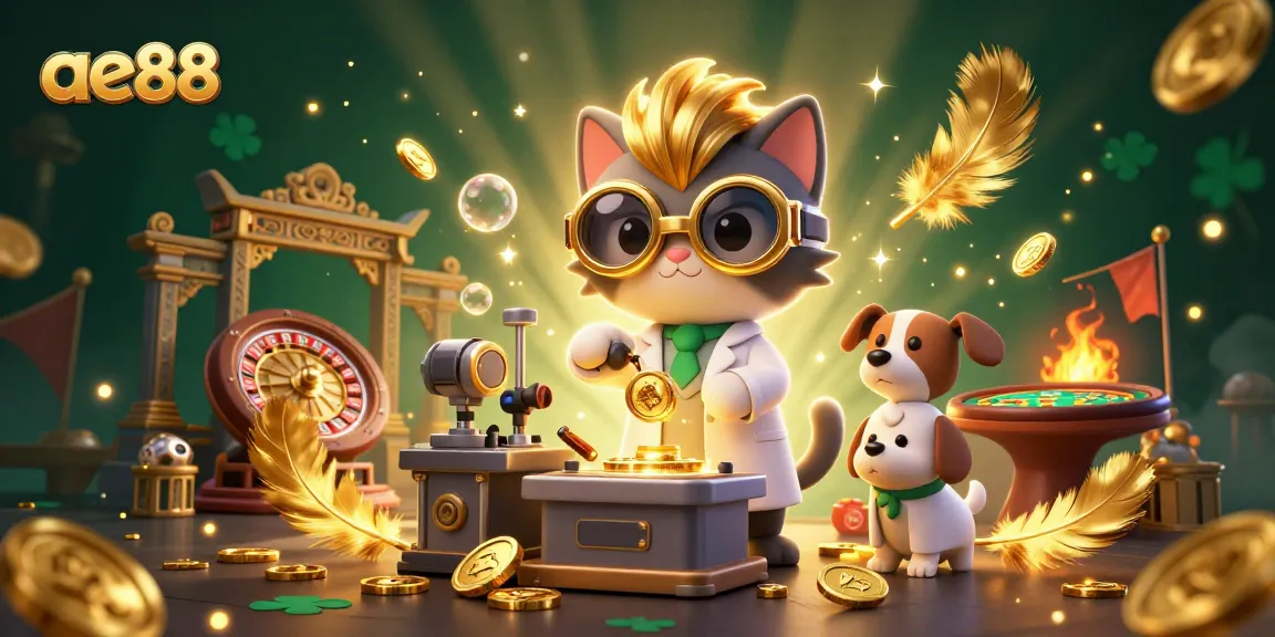Engage in thrilling ae88 casino gameplay with a mad scientist cat and loyal assistant.