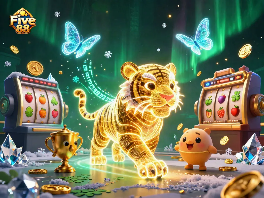Experience the thrill of gambling with Five 88 featuring a neon-wireframe tiger in a vibrant digital casino.
