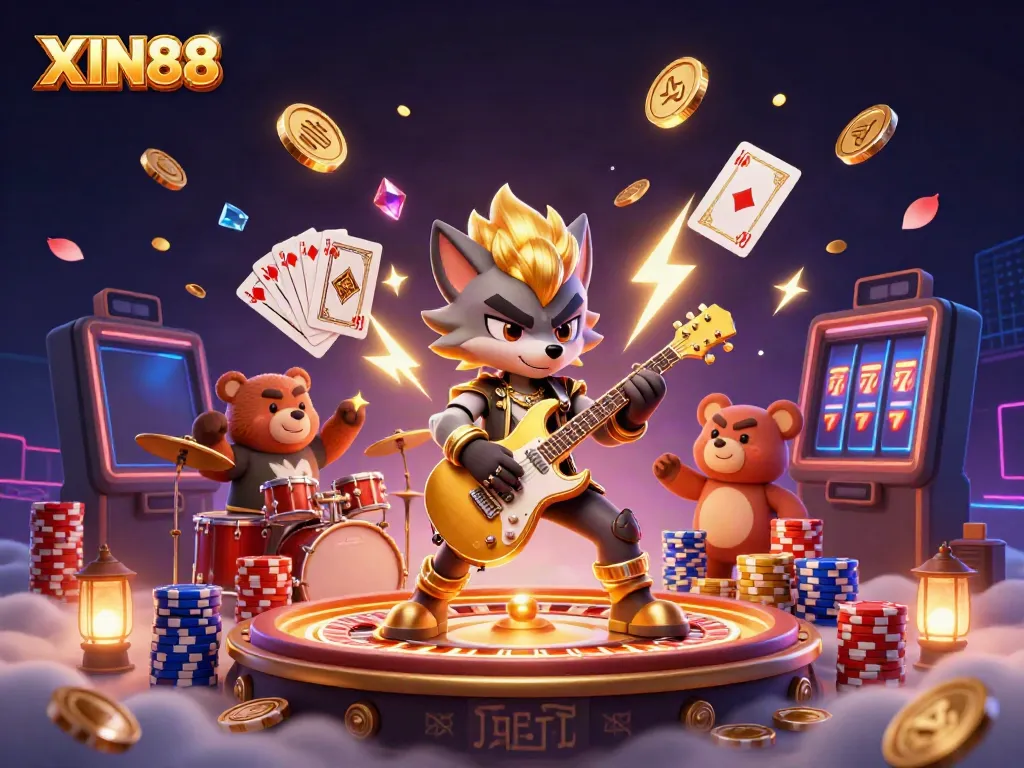 Experience thrilling gaming with XIN88's vibrant casino scene featuring dynamic characters and sparkling elements.