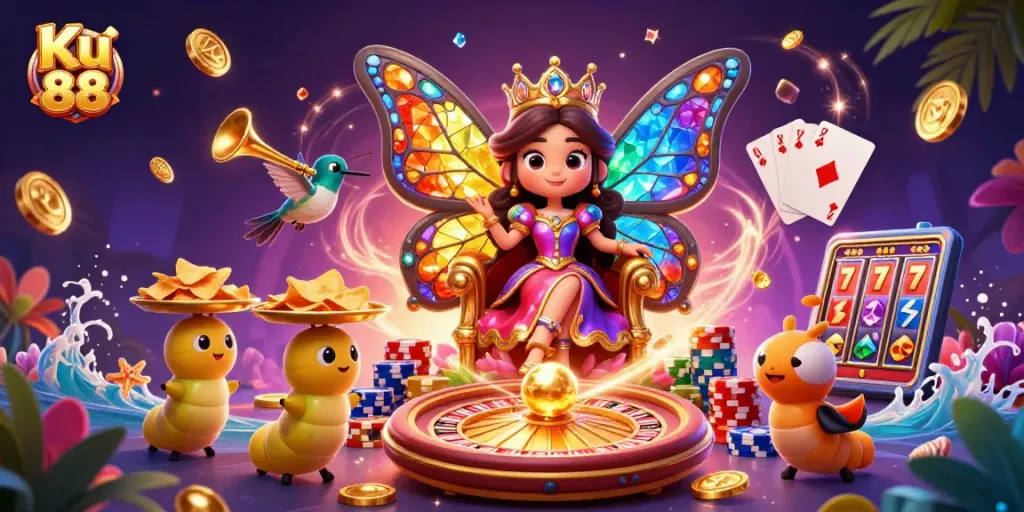 Bet big with Ku 88 in a vibrant 3D casino scene filled with excitement and drama.