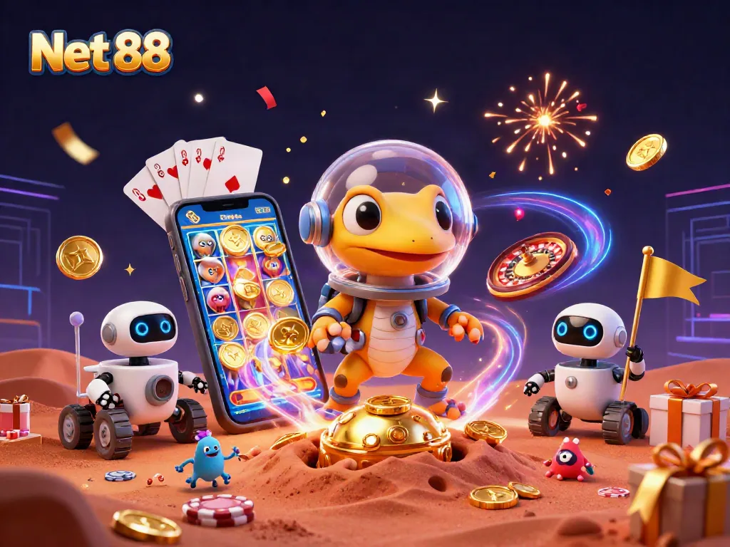 Net 88 invites players into a vibrant casino scene with a Martian gecko discovering treasures among gold coins and slot games.