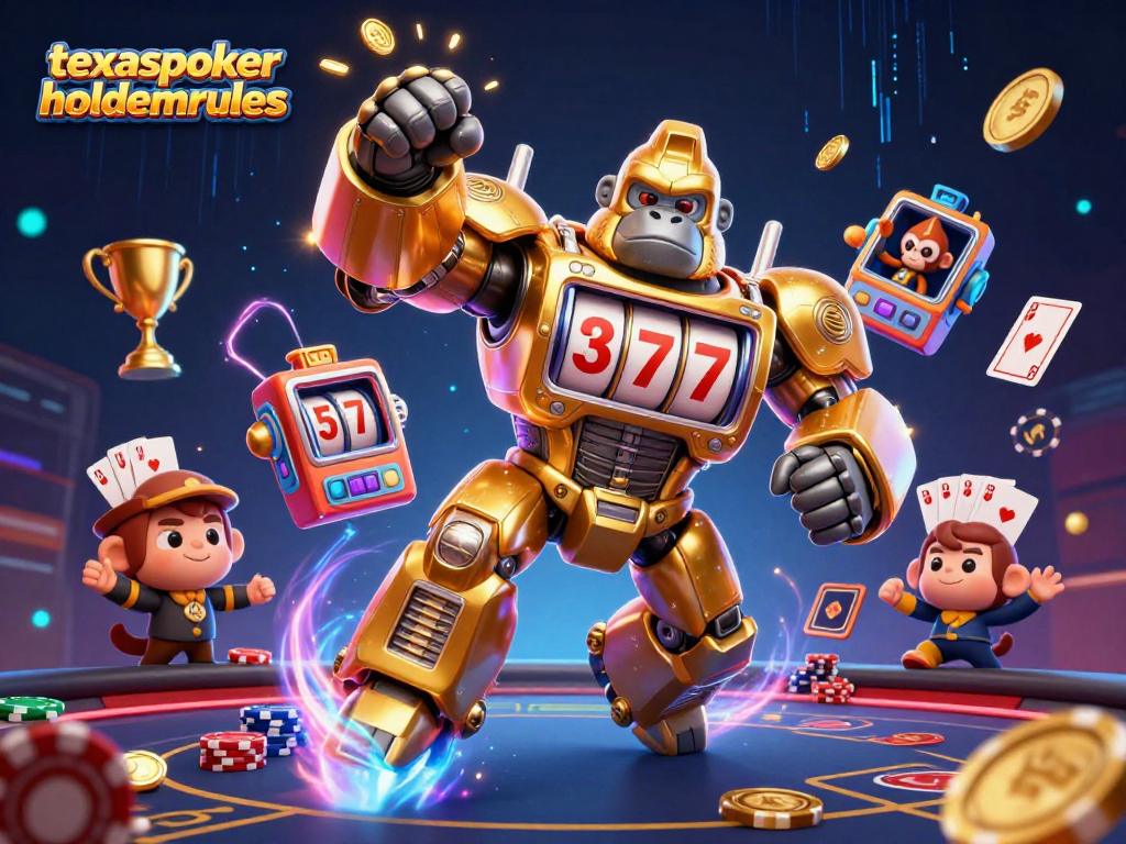 Play poker with texaspokerholdemrules featuring a dynamic golden gorilla mech and colorful poker elements