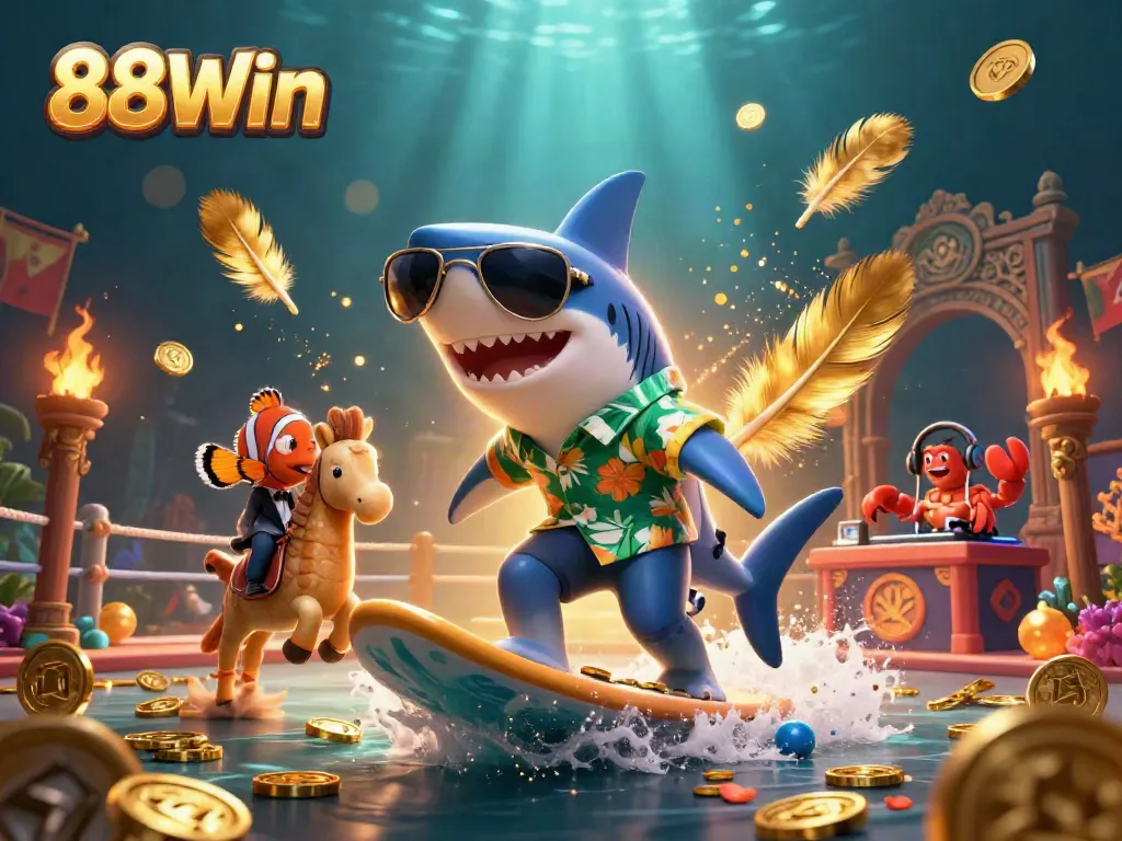 Experience thrilling action at 88Win with a shark surfing on coins and vibrant casino elements.