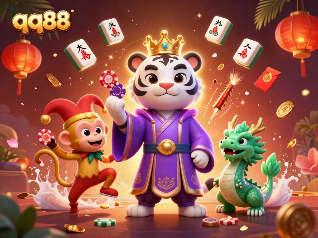 Experience the thrill of qq88 with a royal white tiger and playful monkey amidst colorful casino elements.