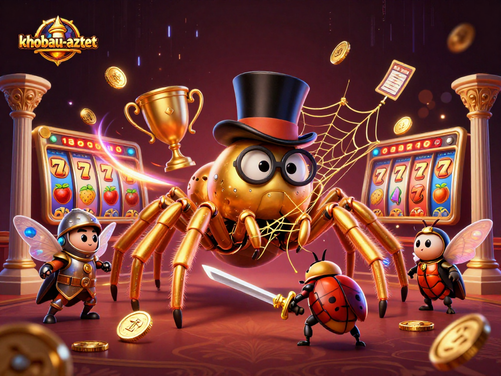 Experience thrilling gameplay with khobau-aztec as a golden tarantula spins luck and excitement in a dynamic casino setting.