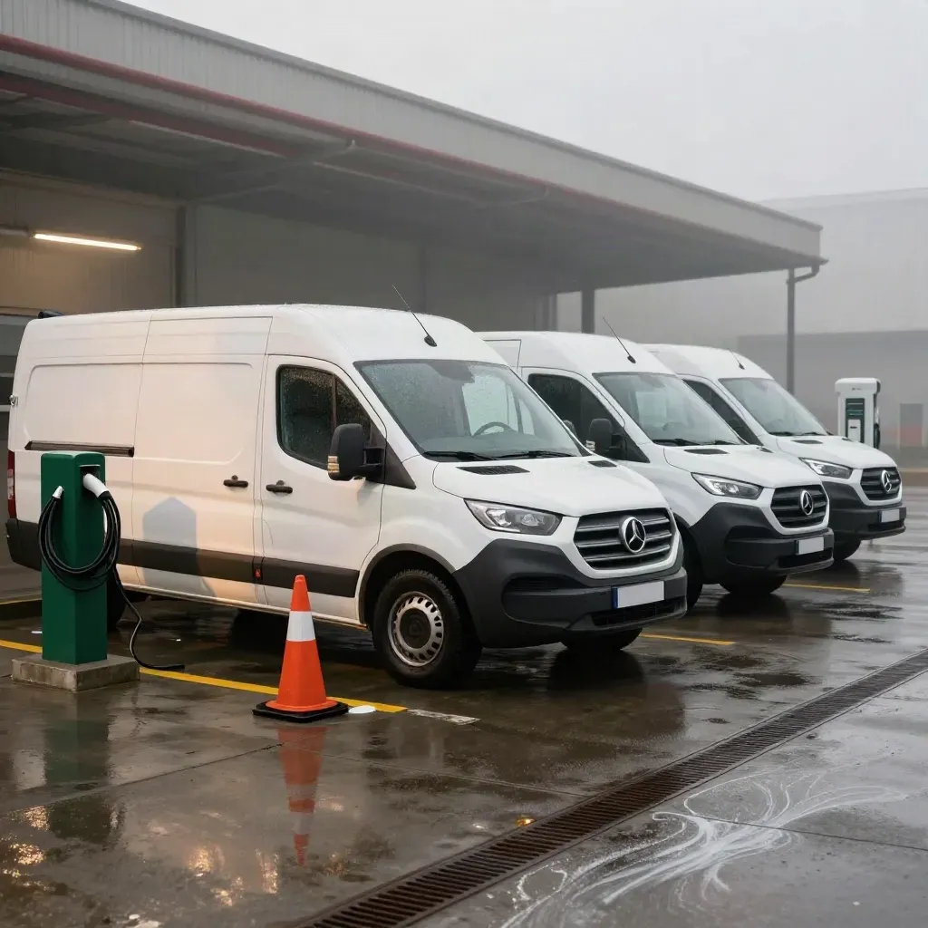 Three white vans queue at a wet EV charging bay with cones and a coiled cable in misty rain.