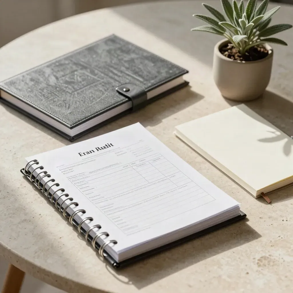 Overhead of carbon-audit binders, clipped invoices, blank notebook and plant on pale stone table.